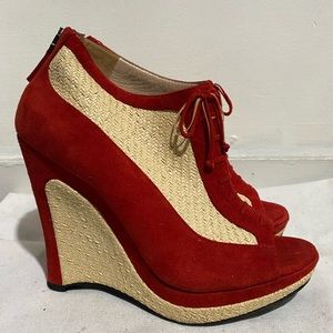 Fendi Wedge Peep Toe, Size 37 1/2 EU Women, Red